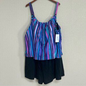 Swimsuits For All Multicolor Striped Swim Dress with Shorts Women’s Size 34